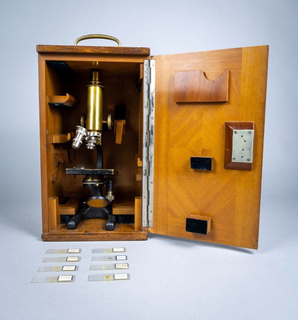 F. Koristka Milano Monocular Microscope (No. 30671) With Slides, Mahogany Case & Key, c.1920. View X