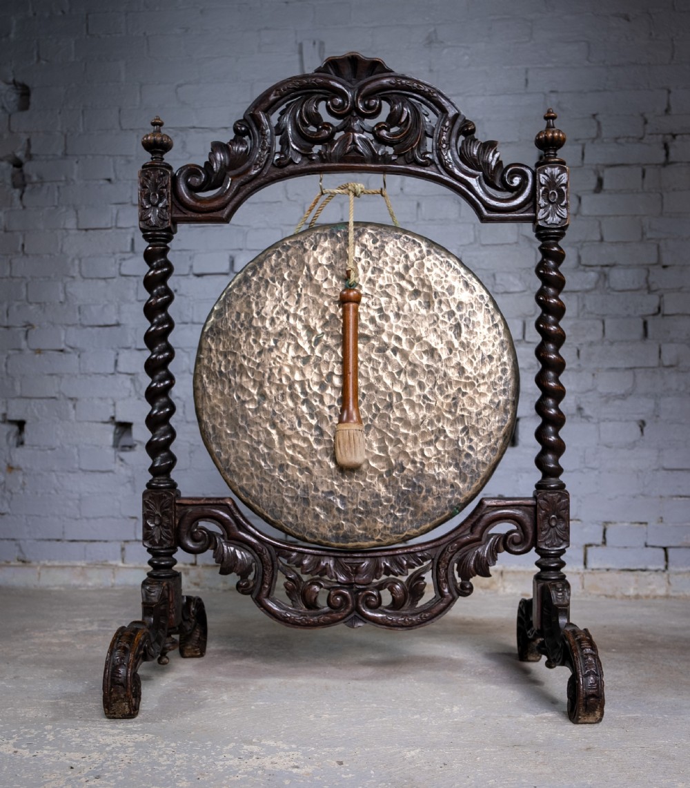 Large 19th Century Carved Oak and Brass Dinner Gong