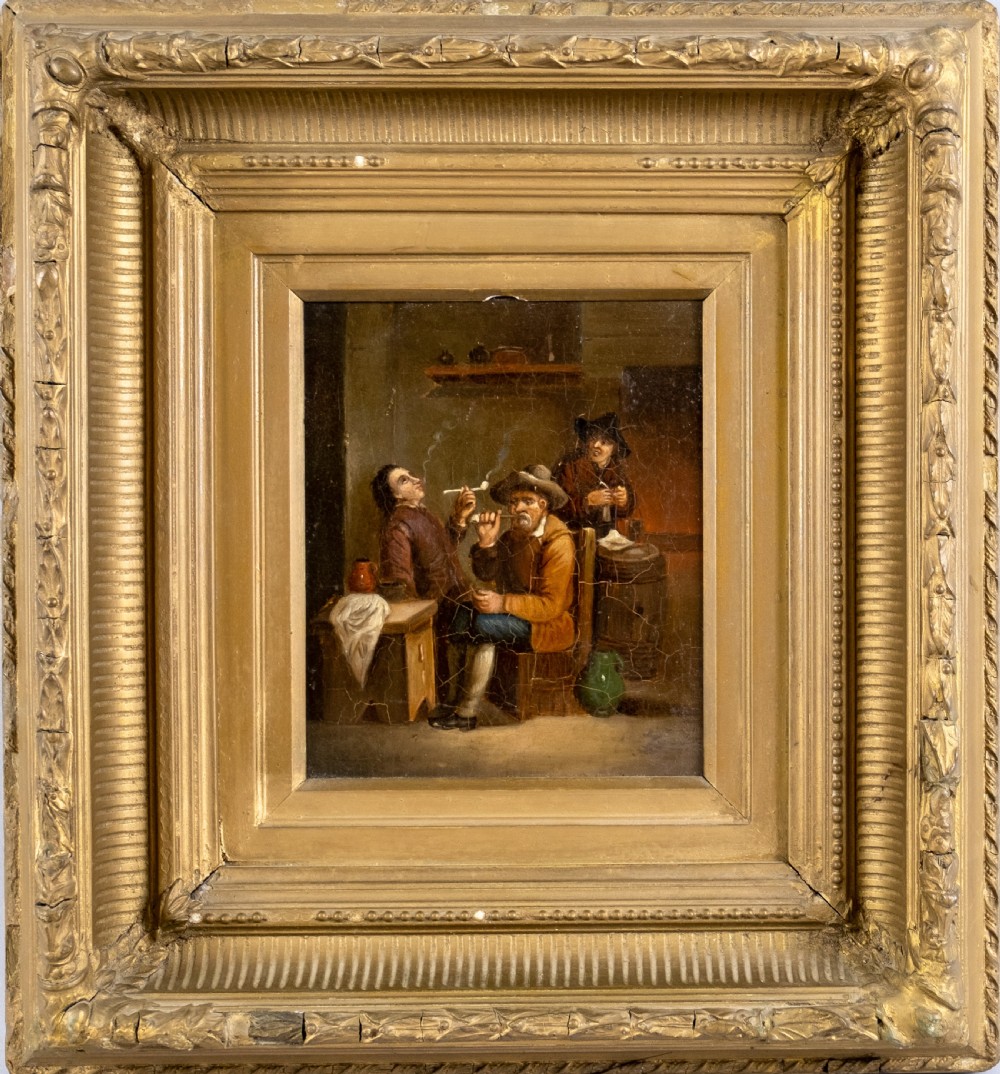 After David Teniers The Younger (1610-1690) - Smokers In A Tavern. Oil On Tin.
