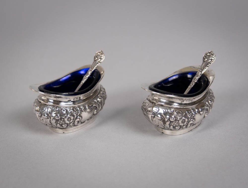 Pair Sterling Silver Salt Cellars & Matching Spoons by Joseph Gloster, Birmingham, 1905. View II