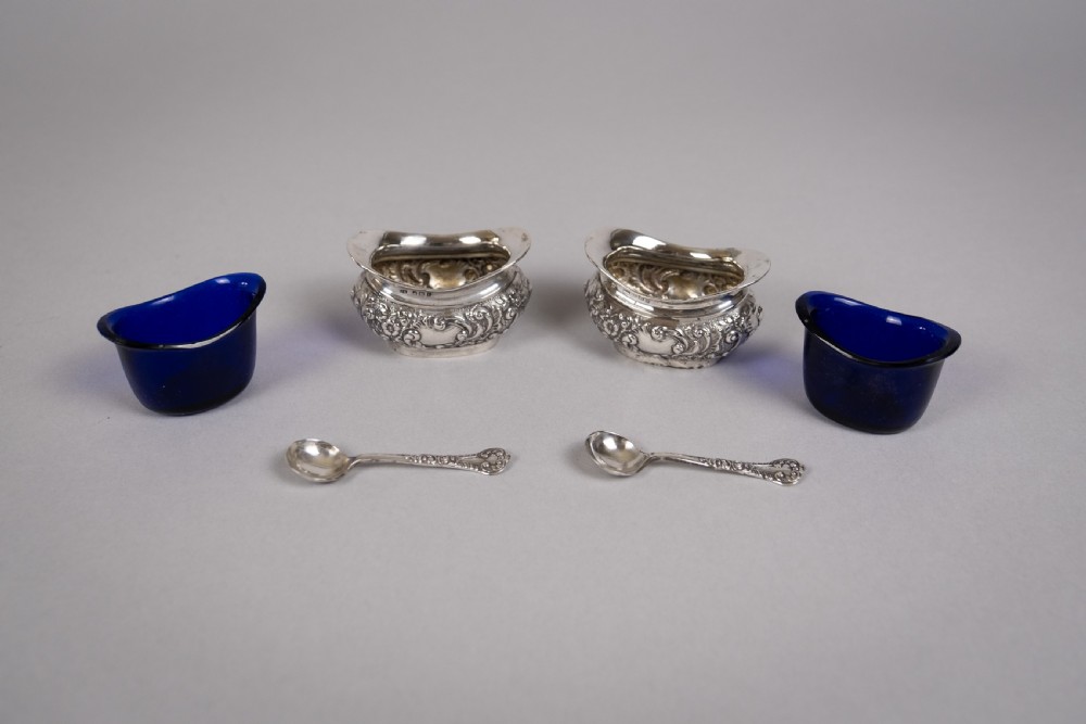 Pair Sterling Silver Salt Cellars & Matching Spoons by Joseph Gloster, Birmingham, 1905. View VII