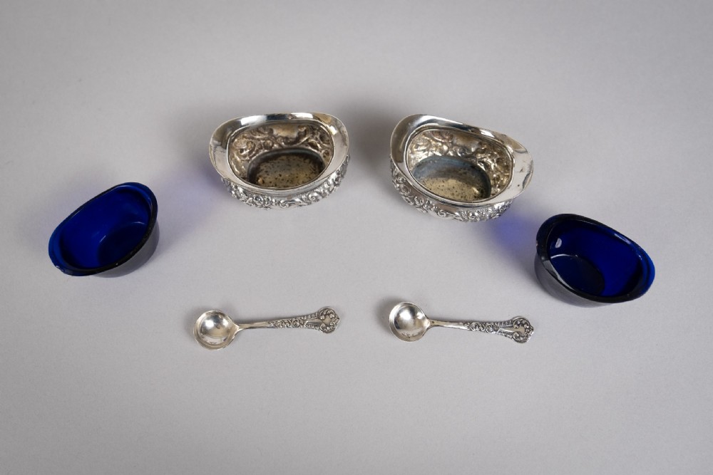 Pair Sterling Silver Salt Cellars & Matching Spoons by Joseph Gloster, Birmingham, 1905. View VIII
