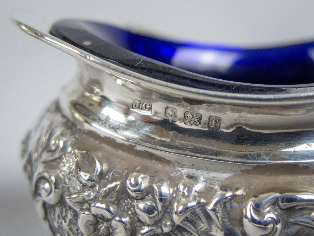 Pair Sterling Silver Salt Cellars & Matching Spoons by Joseph Gloster, Birmingham, 1905. View XI