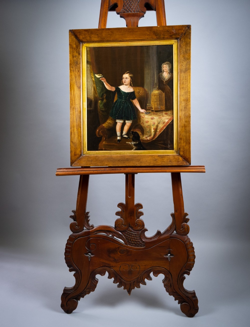19th Century Oil On Canvas - Young Girl Releasing Bird From Cage.  View II