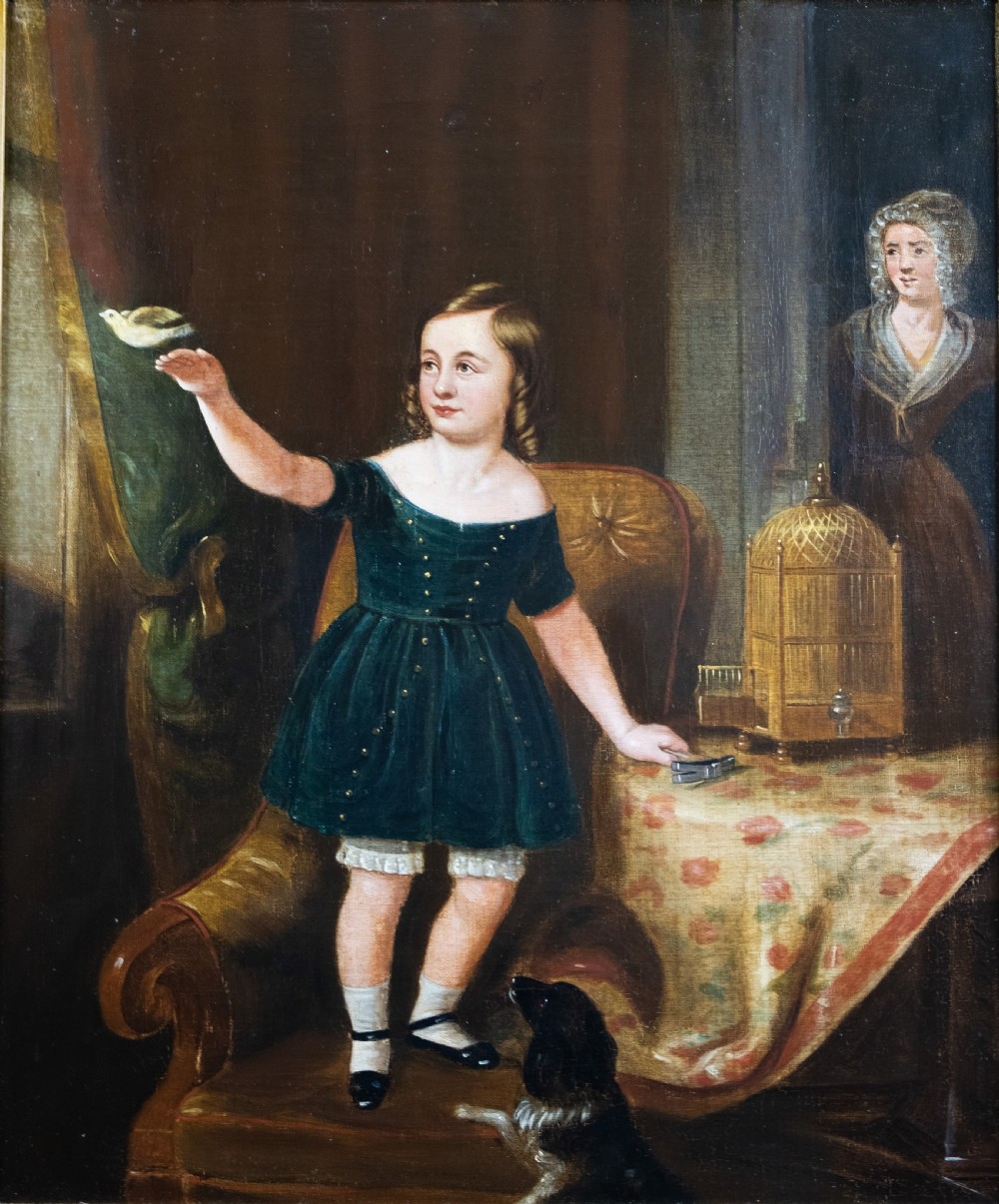 19th Century Oil On Canvas - Young Girl Releasing Bird From Cage.  View V