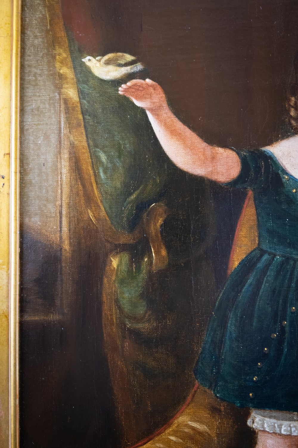 19th Century Oil On Canvas - Young Girl Releasing Bird From Cage.  View VI
