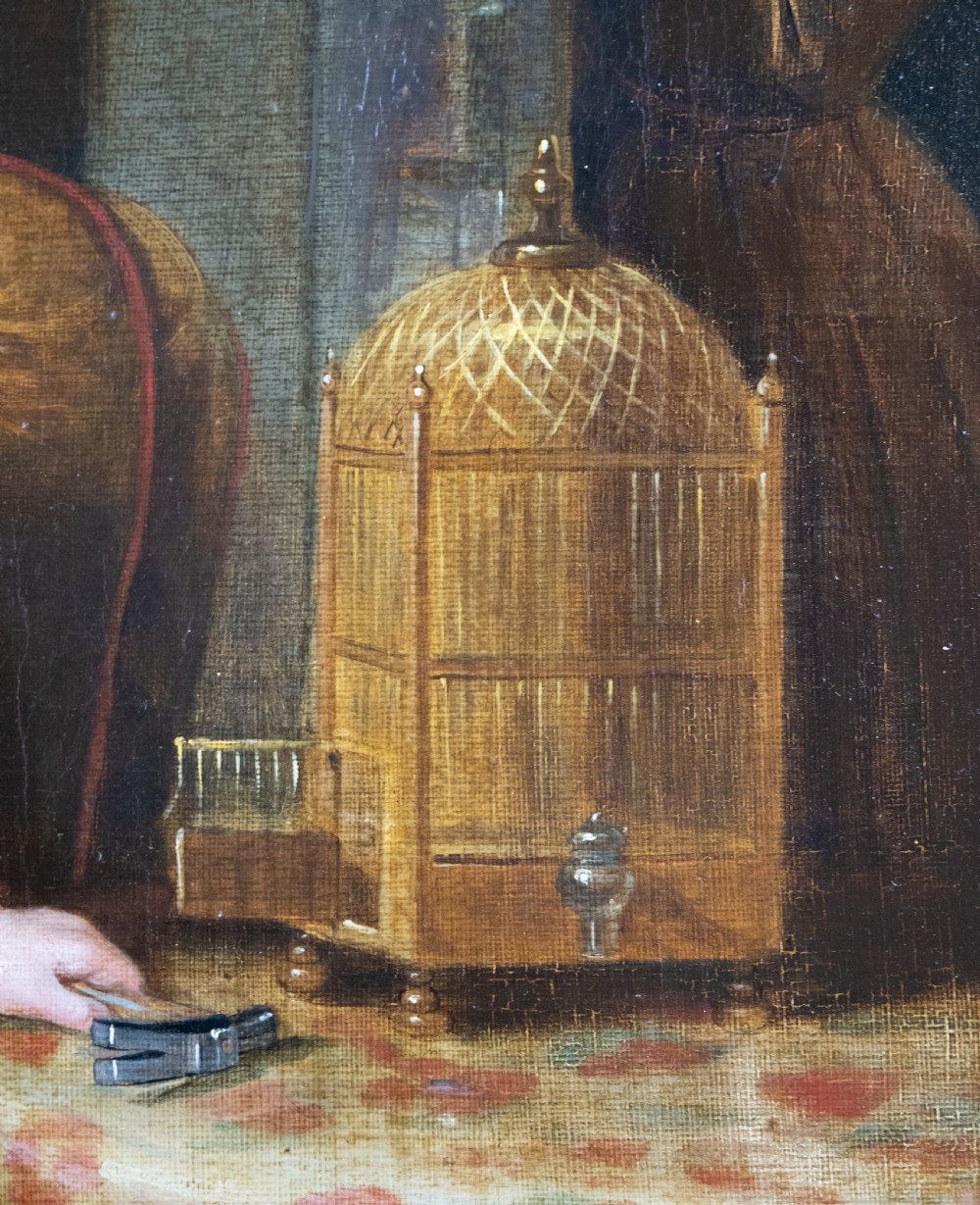 19th Century Oil On Canvas - Young Girl Releasing Bird From Cage.  View X