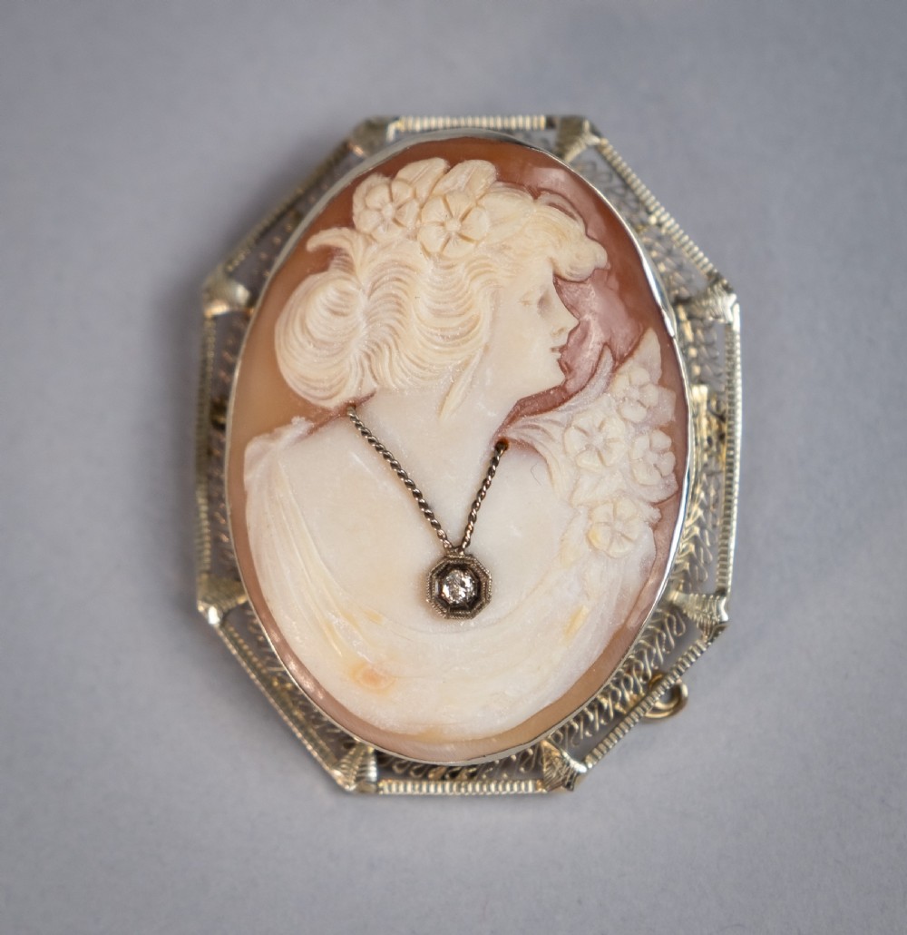 14 Carat White Gold Filigree & Diamond Carved Cameo Brooch. View II