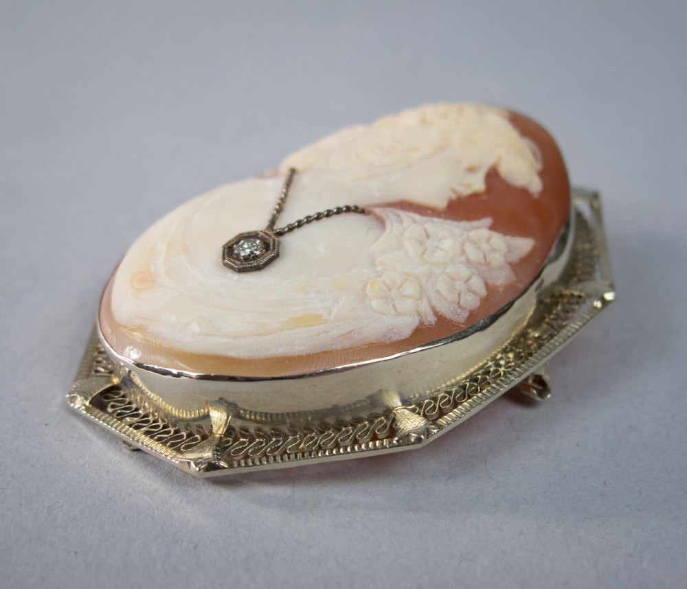 14 Carat White Gold Filigree & Diamond Carved Cameo Brooch. View IV
