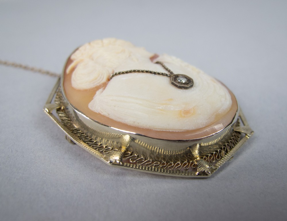 14 Carat White Gold Filigree & Diamond Carved Cameo Brooch. View VI