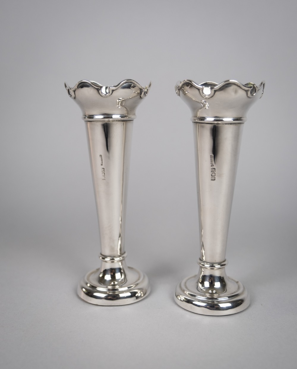 Pair Sterling Silver Spill Vases by W. E. Hill & Co, London, 1907.