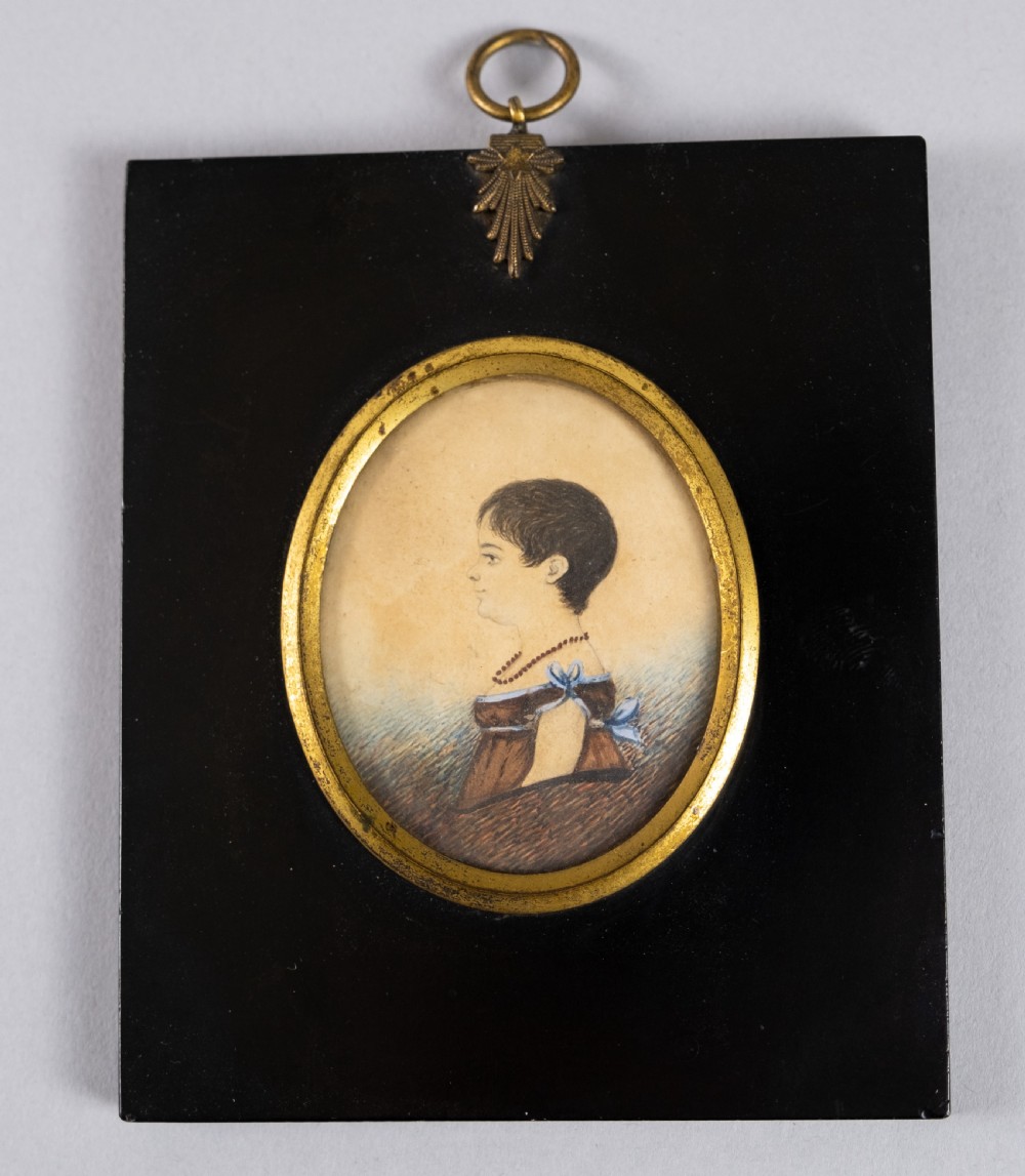 19th Century Miniature Portrait Of Small Girl In Red & Blue Dress.