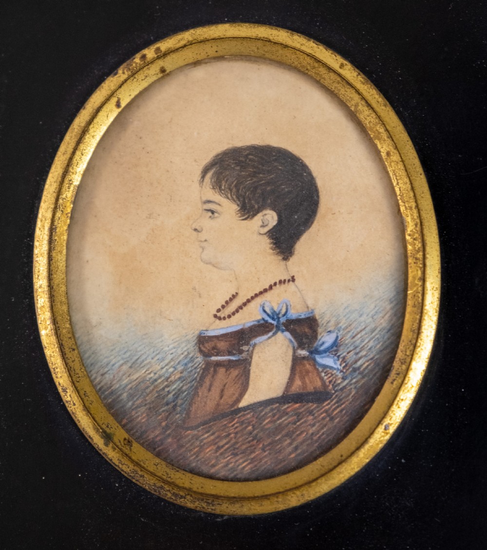 19th Century Miniature Portrait Of Small Girl In Red & Blue Dress. View II