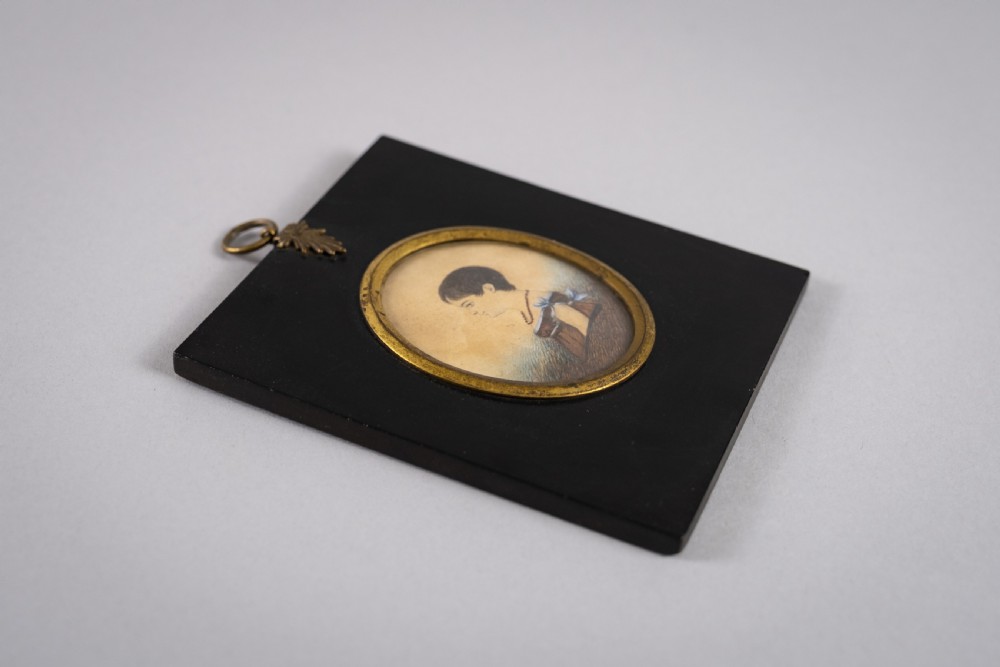 19th Century Miniature Portrait Of Small Girl In Red & Blue Dress. View V