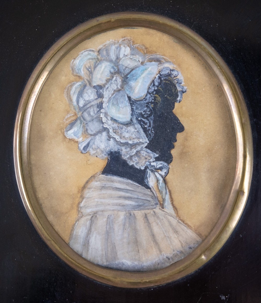 Early 19th Century Hand Painted Silhouette - Lady In Bonnet. View II