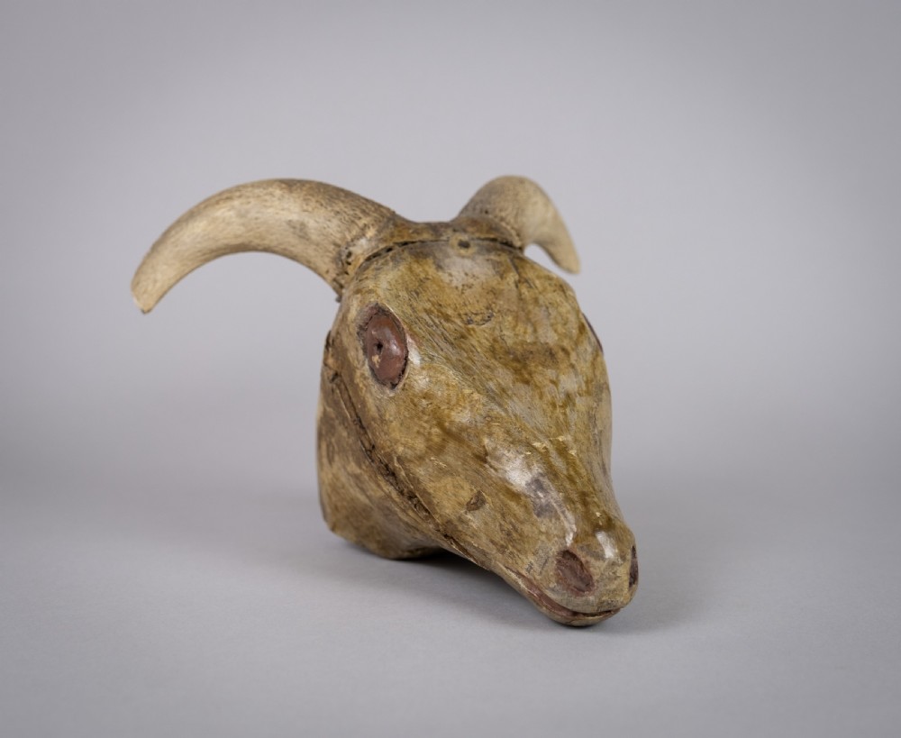 19th Century Folk Art Carved Wooden Ram's Head With Horns.
