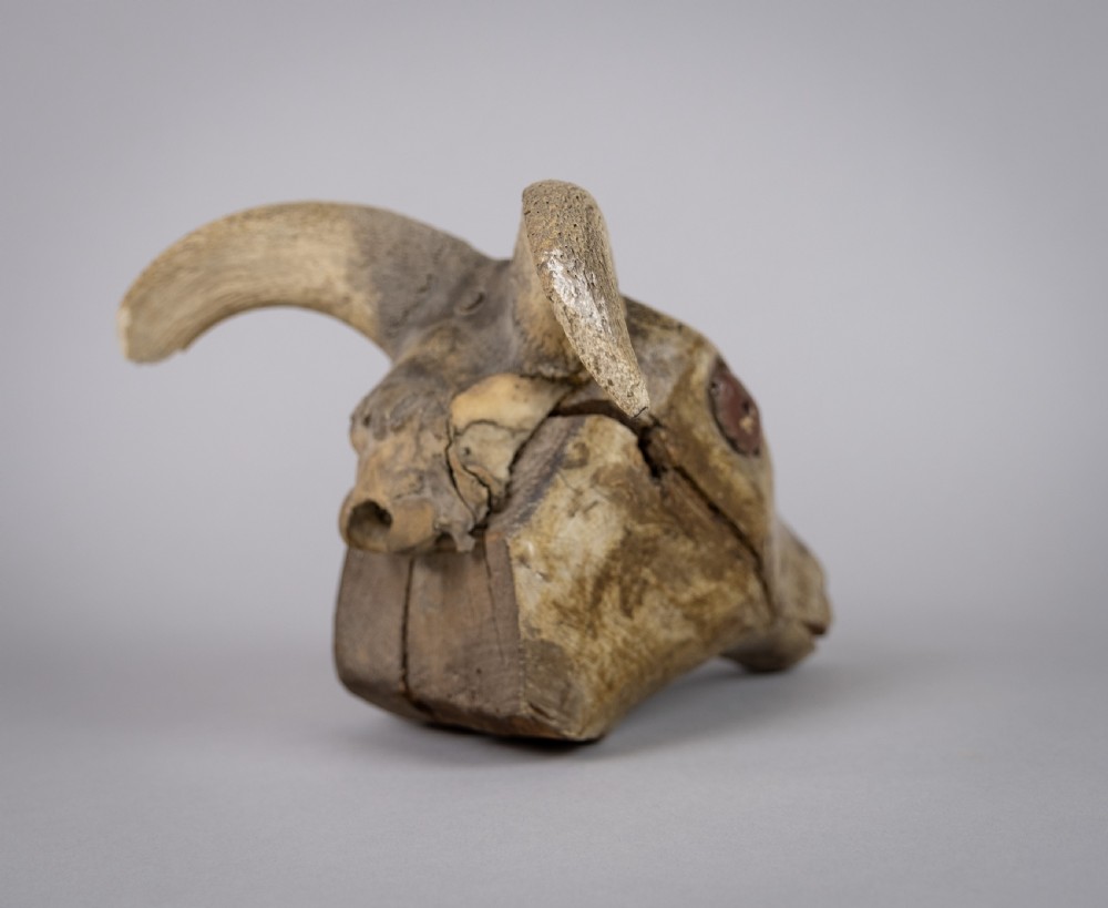 19th Century Folk Art Carved Wooden Ram's Head With Horns. View III
