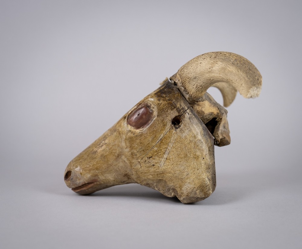 19th Century Folk Art Carved Wooden Ram's Head With Horns. View V