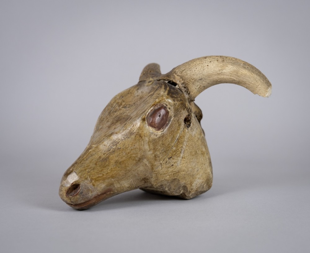 19th Century Folk Art Carved Wooden Ram's Head With Horns. View VI