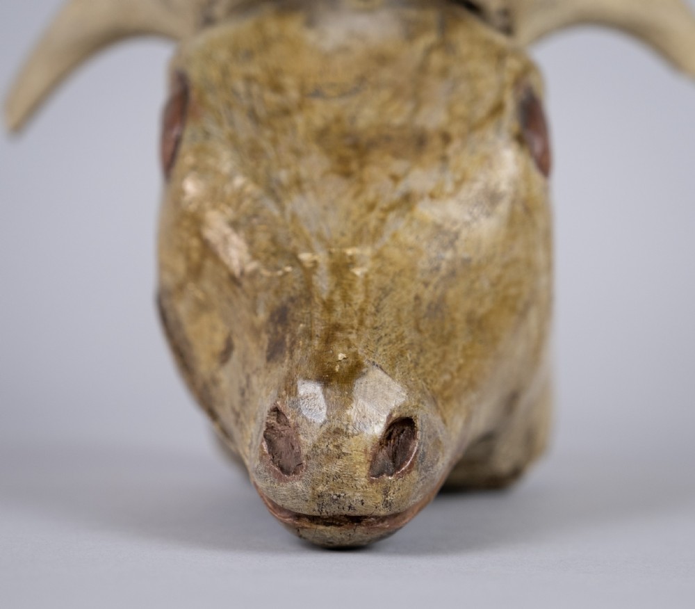 19th Century Folk Art Carved Wooden Ram's Head With Horns. View VII