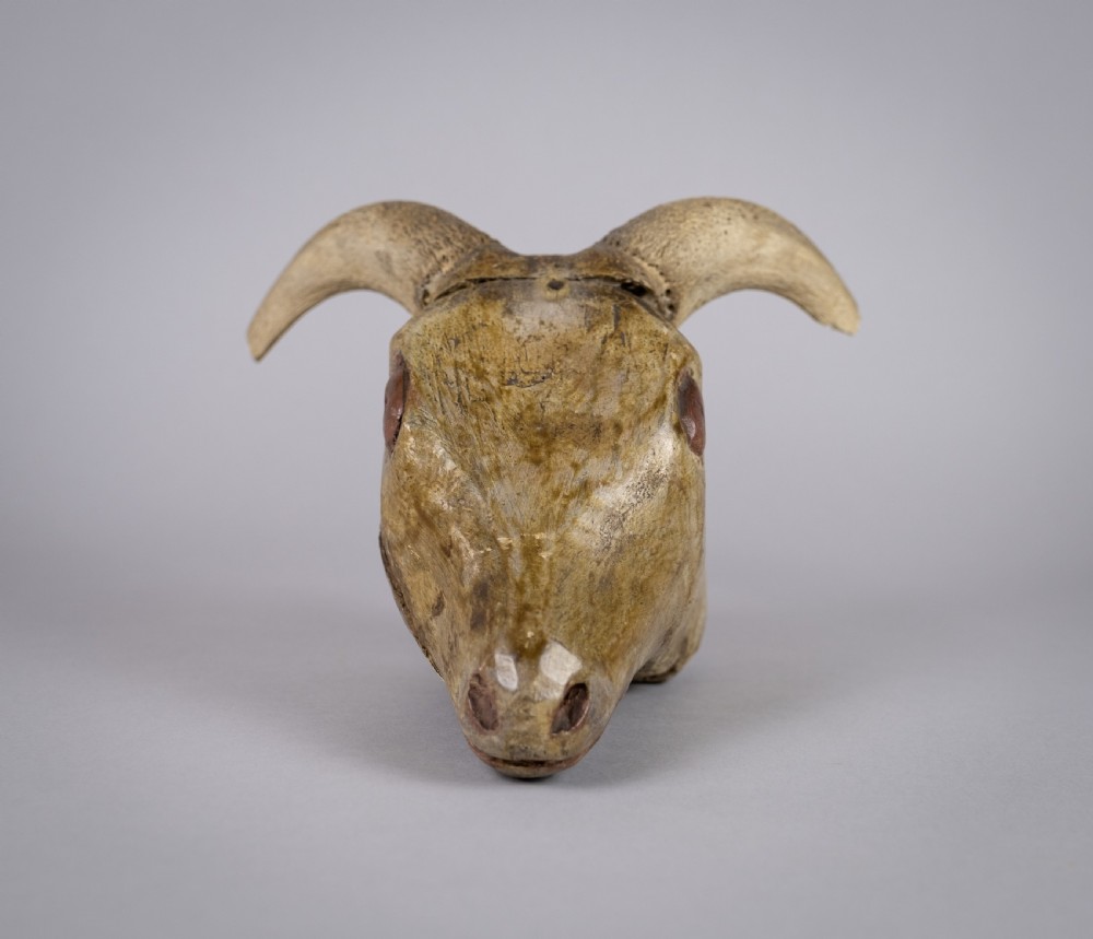 19th Century Folk Art Carved Wooden Ram's Head With Horns. View VIII