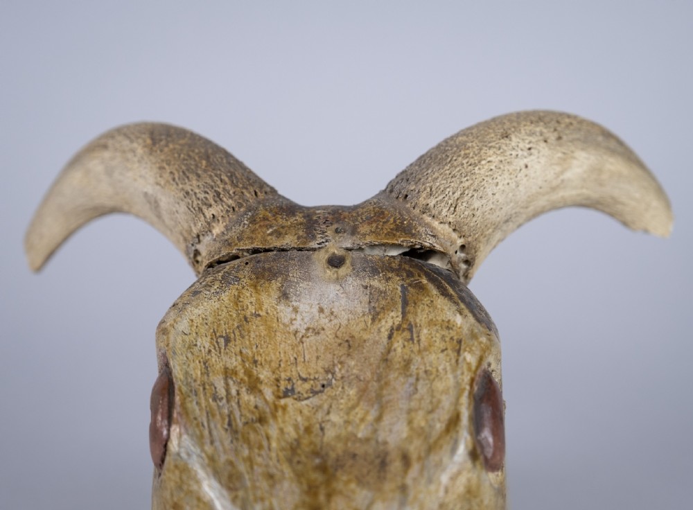 19th Century Folk Art Carved Wooden Ram's Head With Horns. View IX
