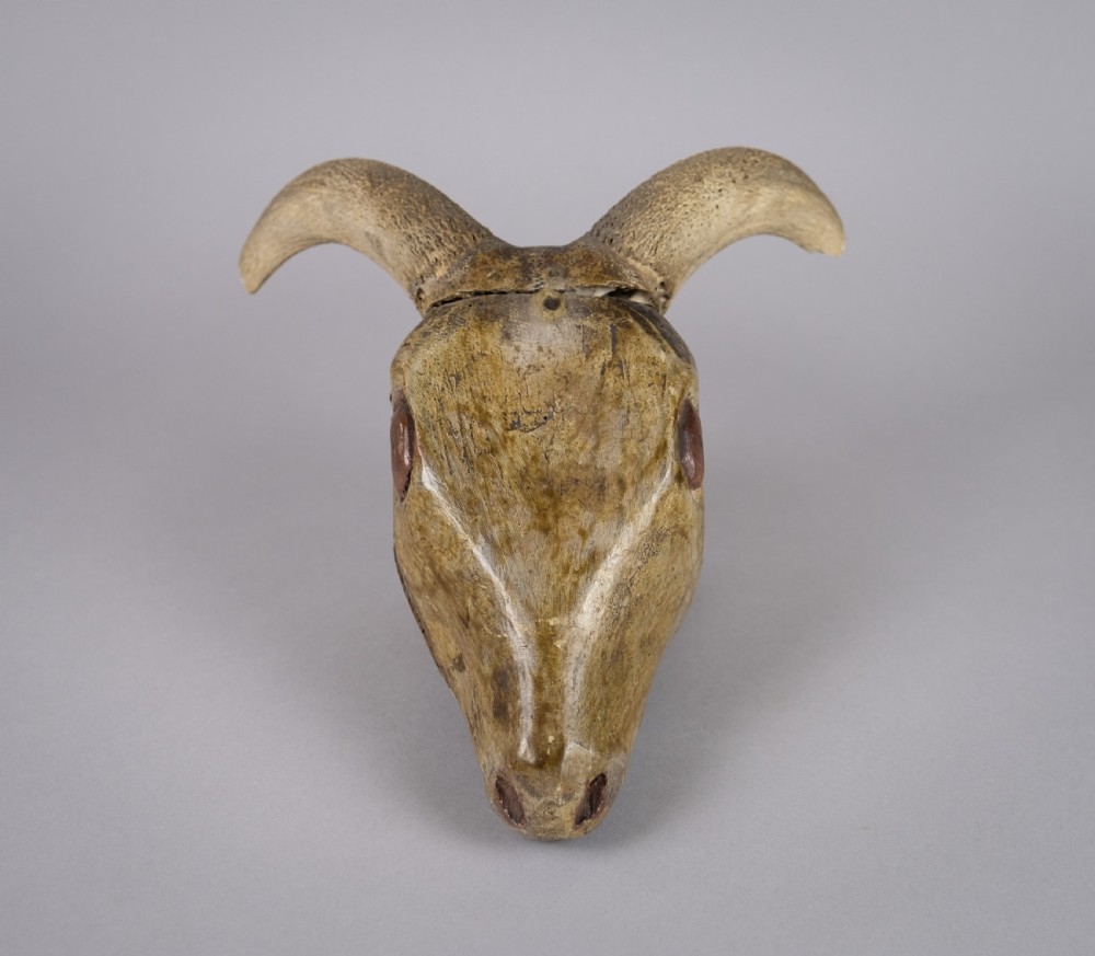 19th Century Folk Art Carved Wooden Ram's Head With Horns. View X