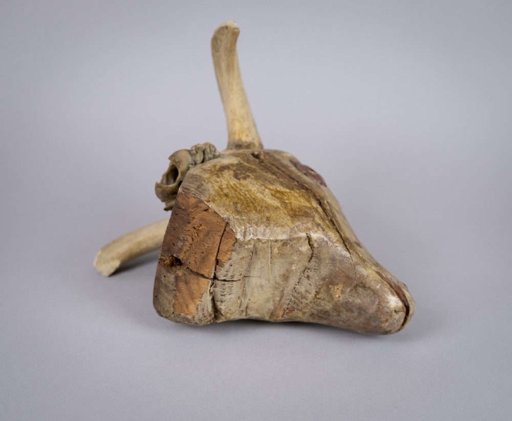 19th Century Folk Art Carved Wooden Ram's Head With Horns. View XI