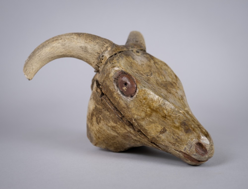 19th Century Folk Art Carved Wooden Ram's Head With Horns. View XII