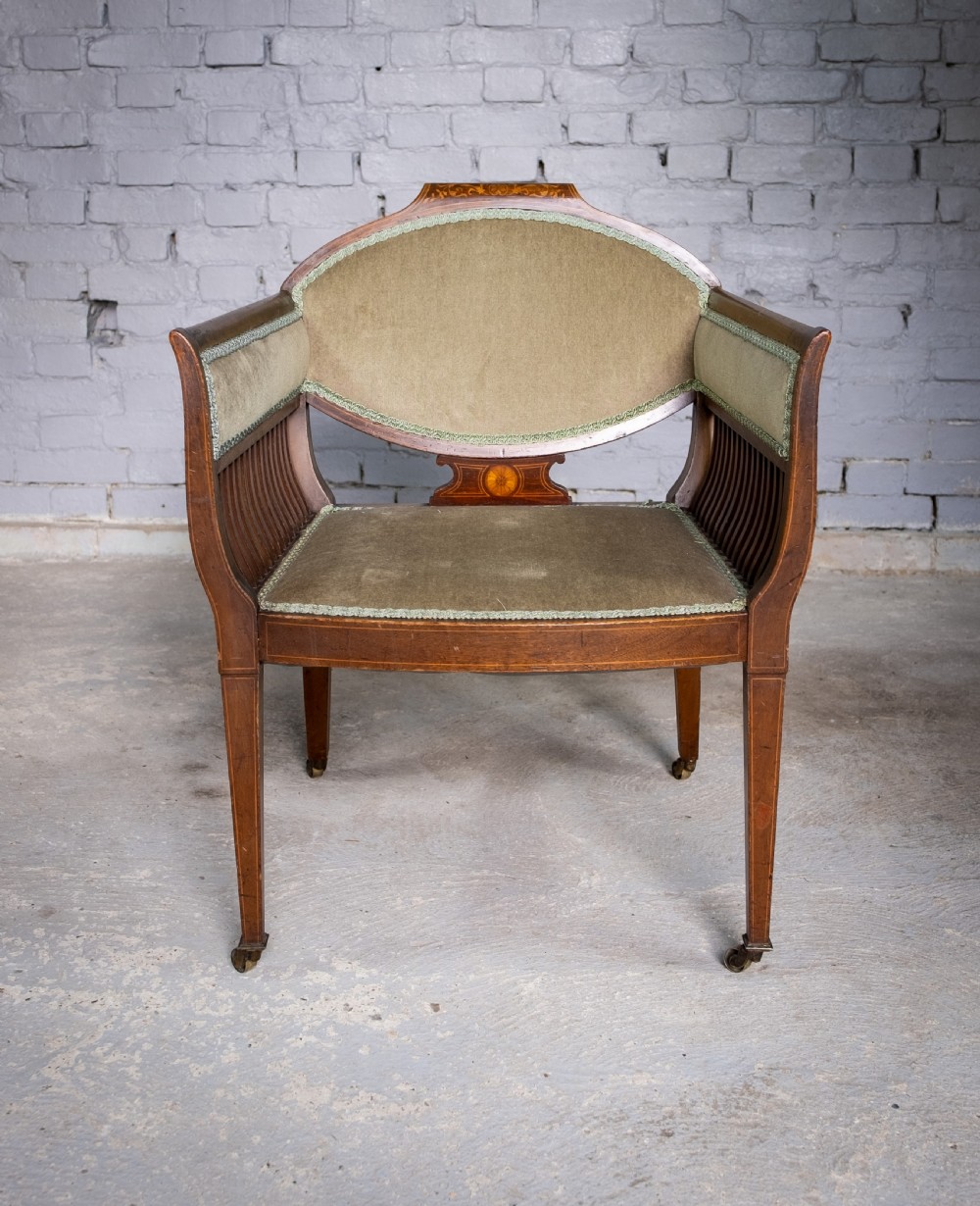 Early 20th Century Sheraton Revival Inlaid Mahogany Tub Chair. View II
