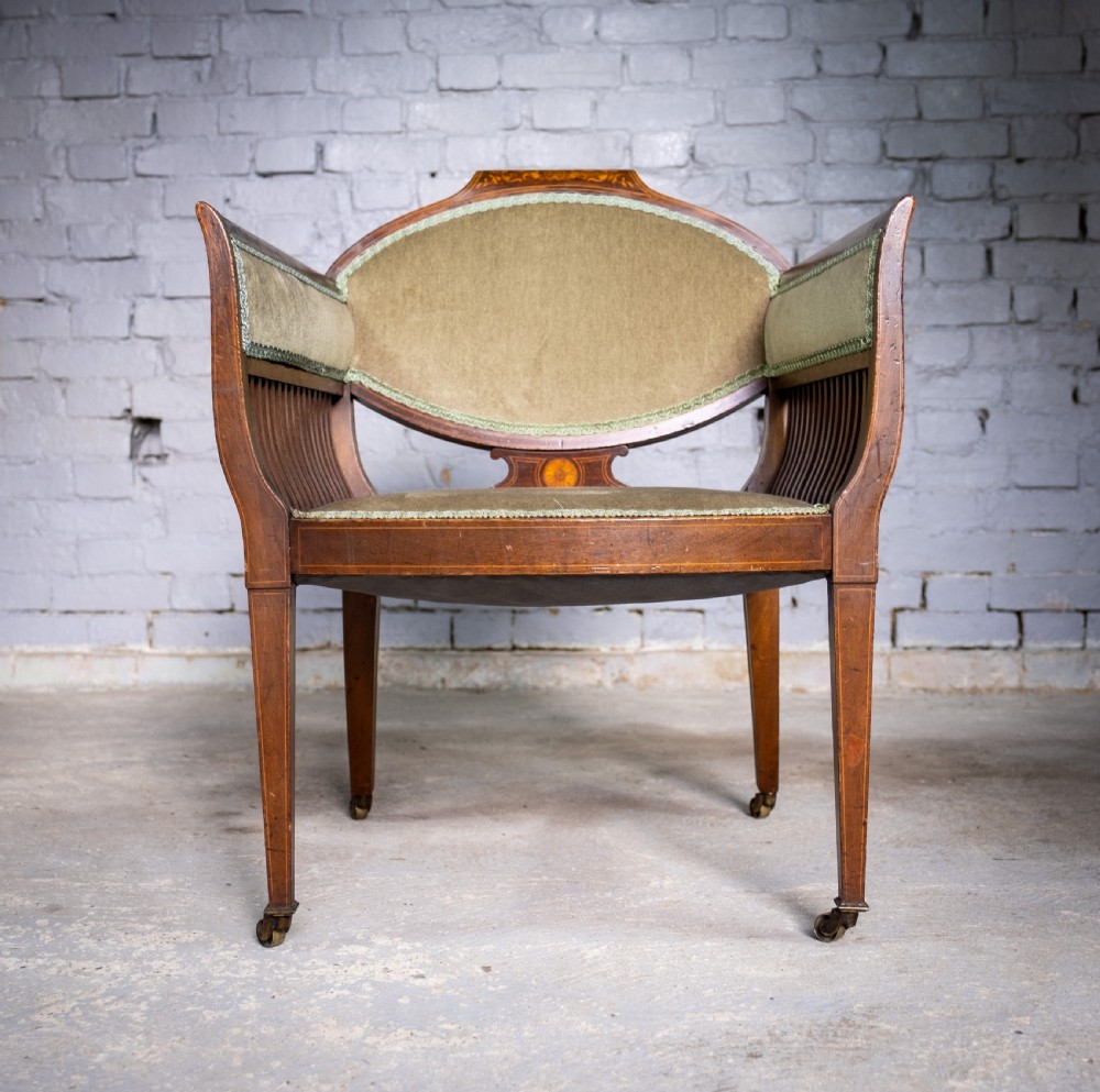Early 20th Century Sheraton Revival Inlaid Mahogany Tub Chair. View III