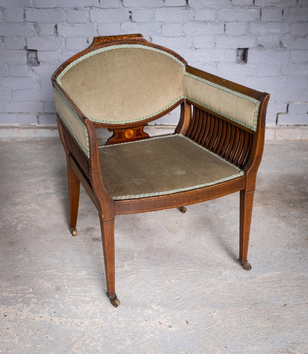 Early 20th Century Sheraton Revival Inlaid Mahogany Tub Chair. View VIII
