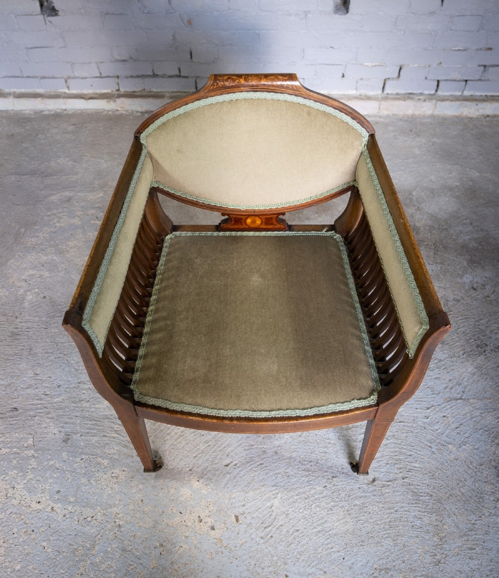 Early 20th Century Sheraton Revival Inlaid Mahogany Tub Chair. View X