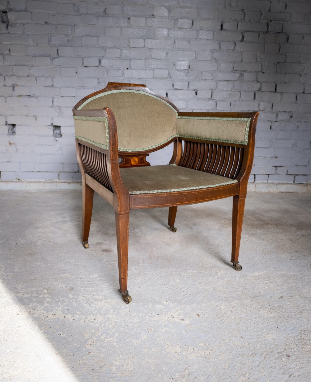 Early 20th Century Sheraton Revival Inlaid Mahogany Tub Chair. View XII
