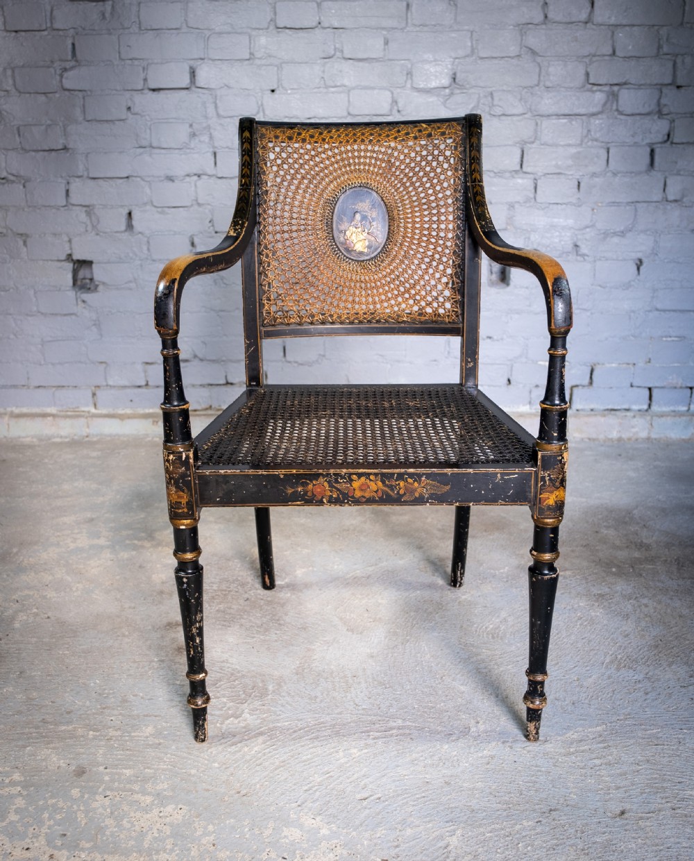 Early 20th Century Japanned Chinoiserie Cane Elbow Chair, c.1910 View II