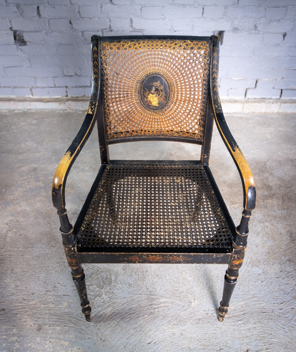 Early 20th Century Japanned Chinoiserie Cane Elbow Chair, c.1910 View III