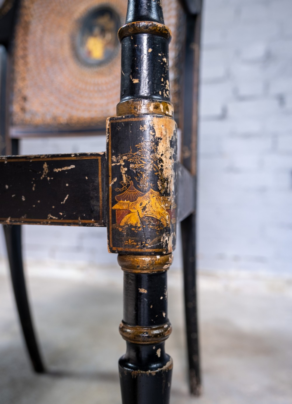Early 20th Century Japanned Chinoiserie Cane Elbow Chair, c.1910 View IX