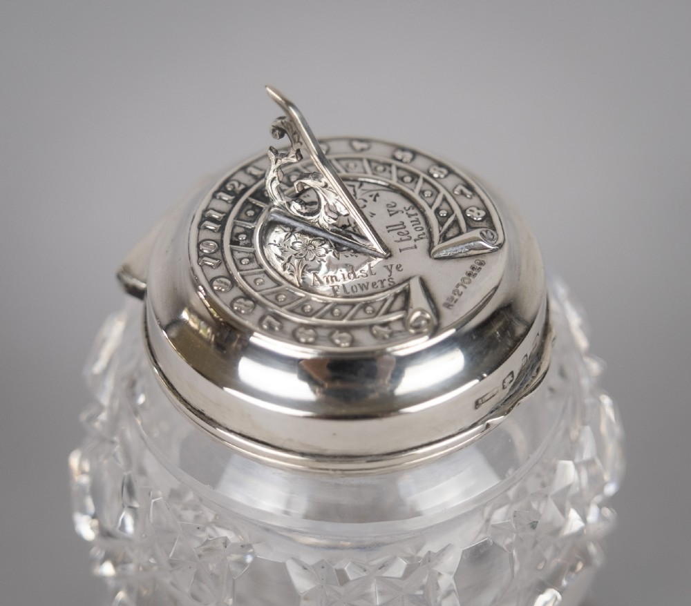 Unusual 19th Century Sterling Silver & Cut Glass Sundial Inkwell, 1876. View II