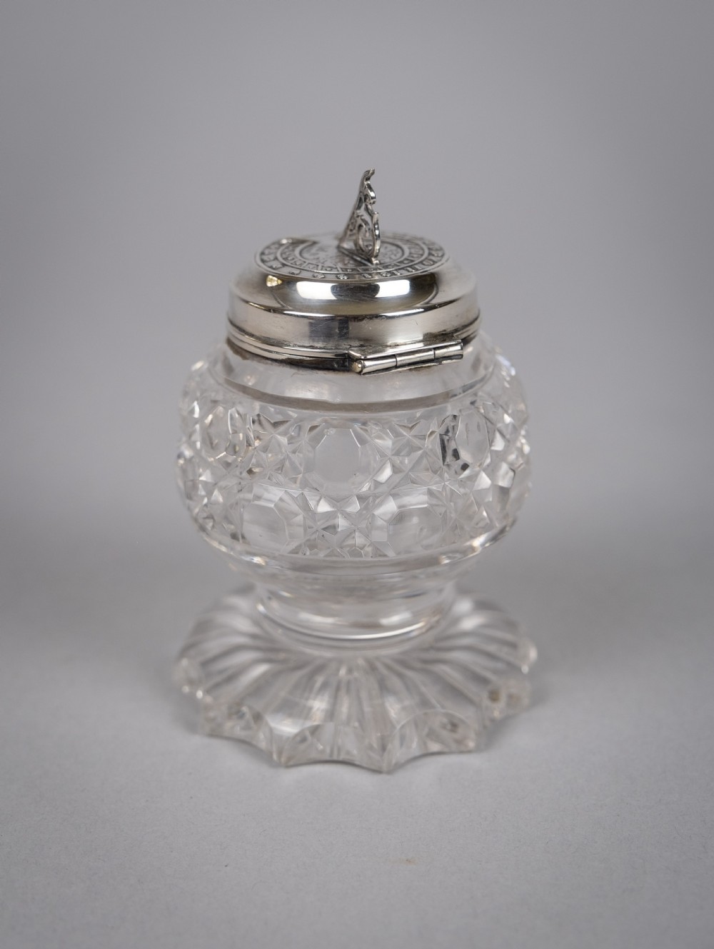 Unusual 19th Century Sterling Silver & Cut Glass Sundial Inkwell, 1876. View VIII