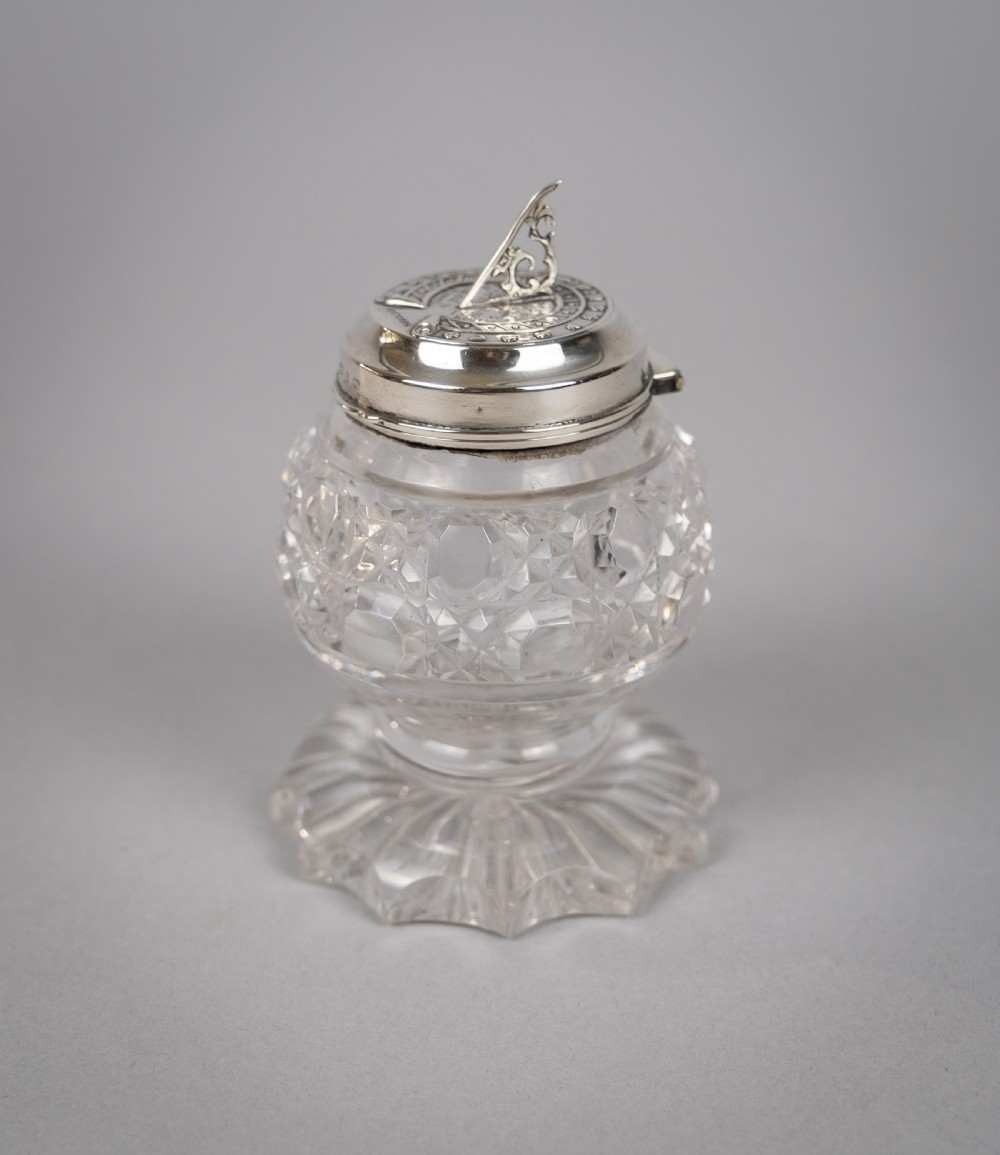 Unusual 19th Century Sterling Silver & Cut Glass Sundial Inkwell, 1876. View IX