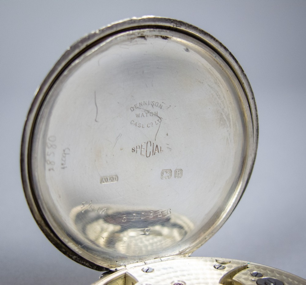 1927 Sterling Silver Swiss 15 Jewel Pocket Watch, Dennison Case. View V
