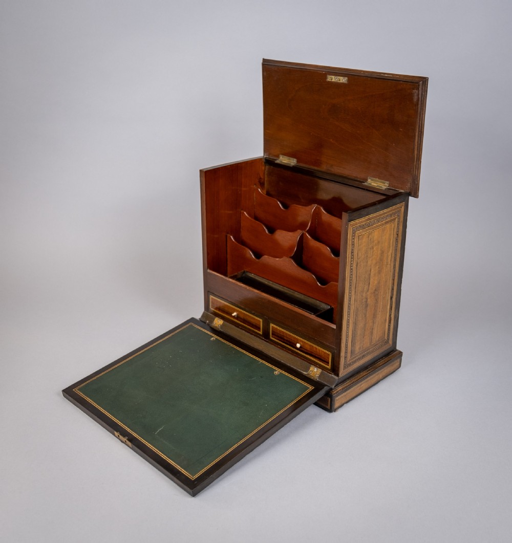 19th Century Inlaid Mahogany Drop Front Stationary Box, c.1880. View VIII
