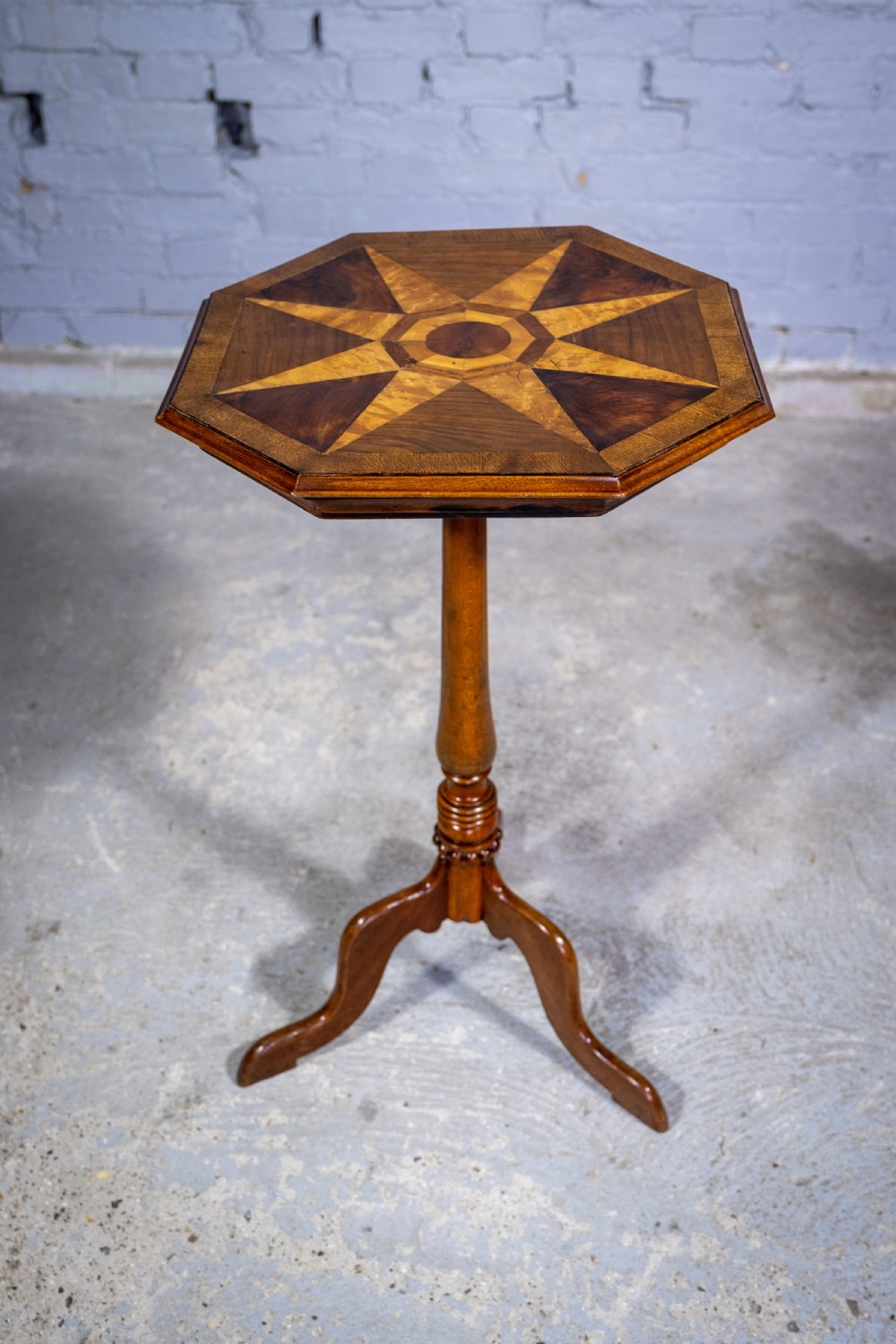 Fine 19th Century Parquetry Inlaid Star Tripod Table. View IV