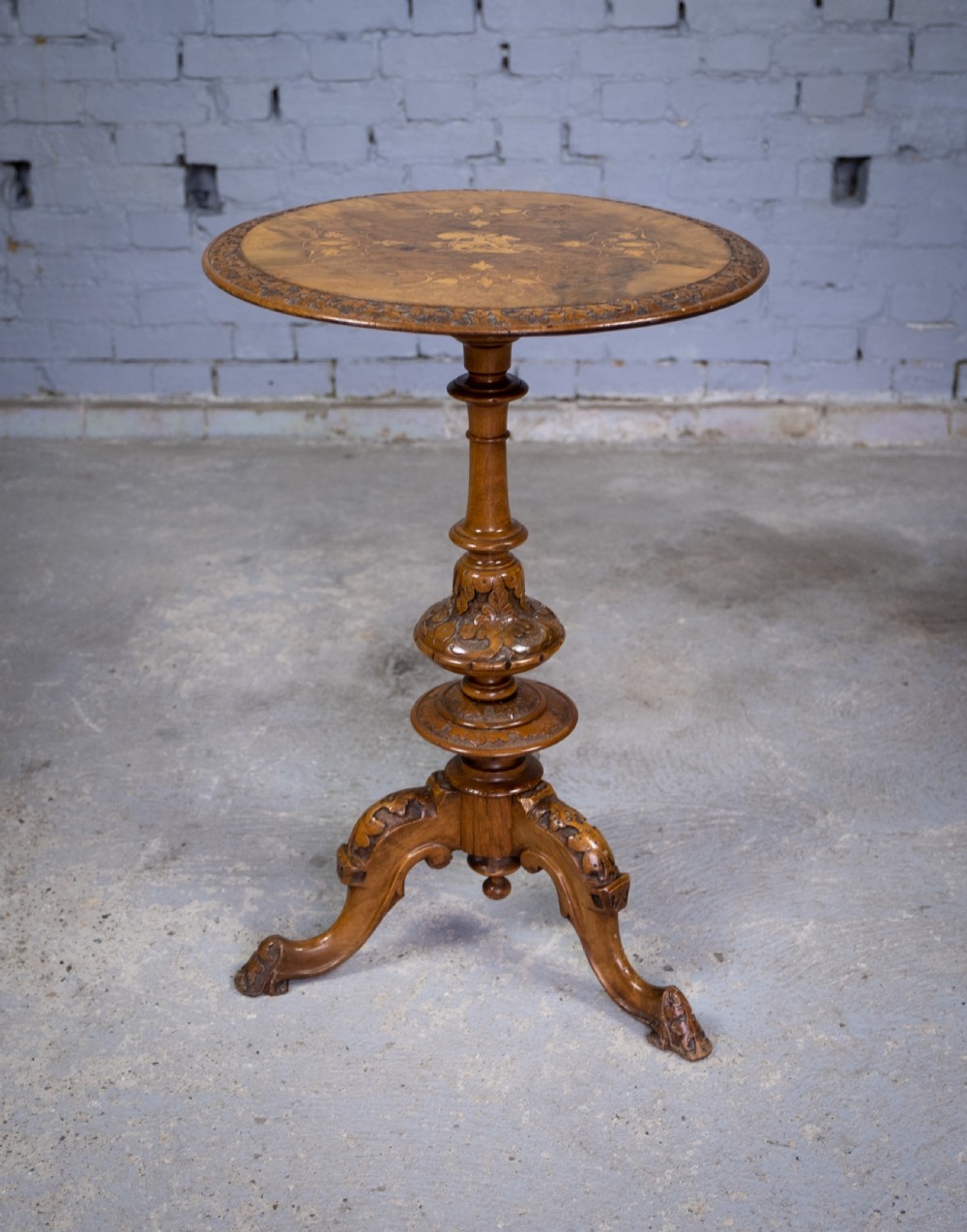 Burr Walnut Marquetry 'George & Dragon' Wine Table, c.1870.