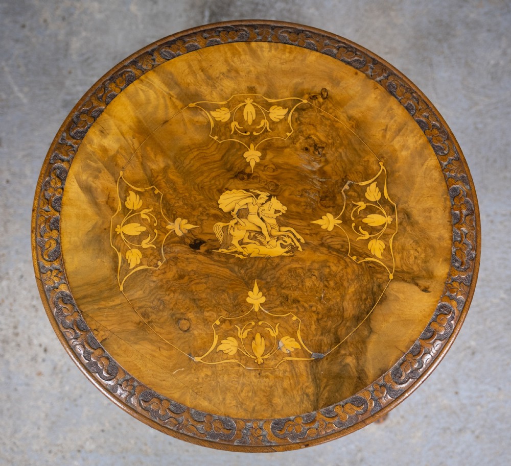 Burr Walnut Marquetry 'George & Dragon' Wine Table, c.1870. View II
