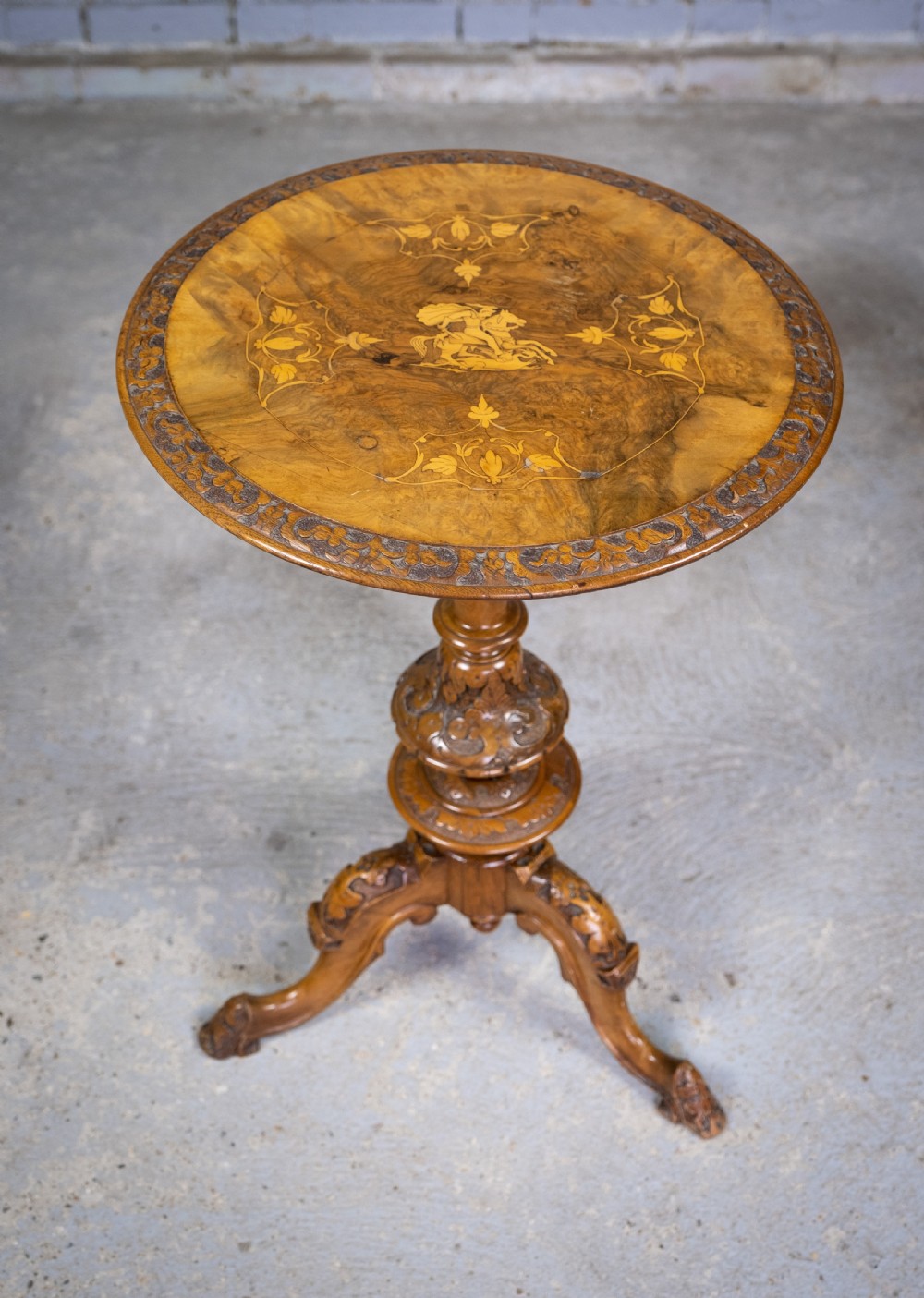 Burr Walnut Marquetry 'George & Dragon' Wine Table, c.1870. View VIII