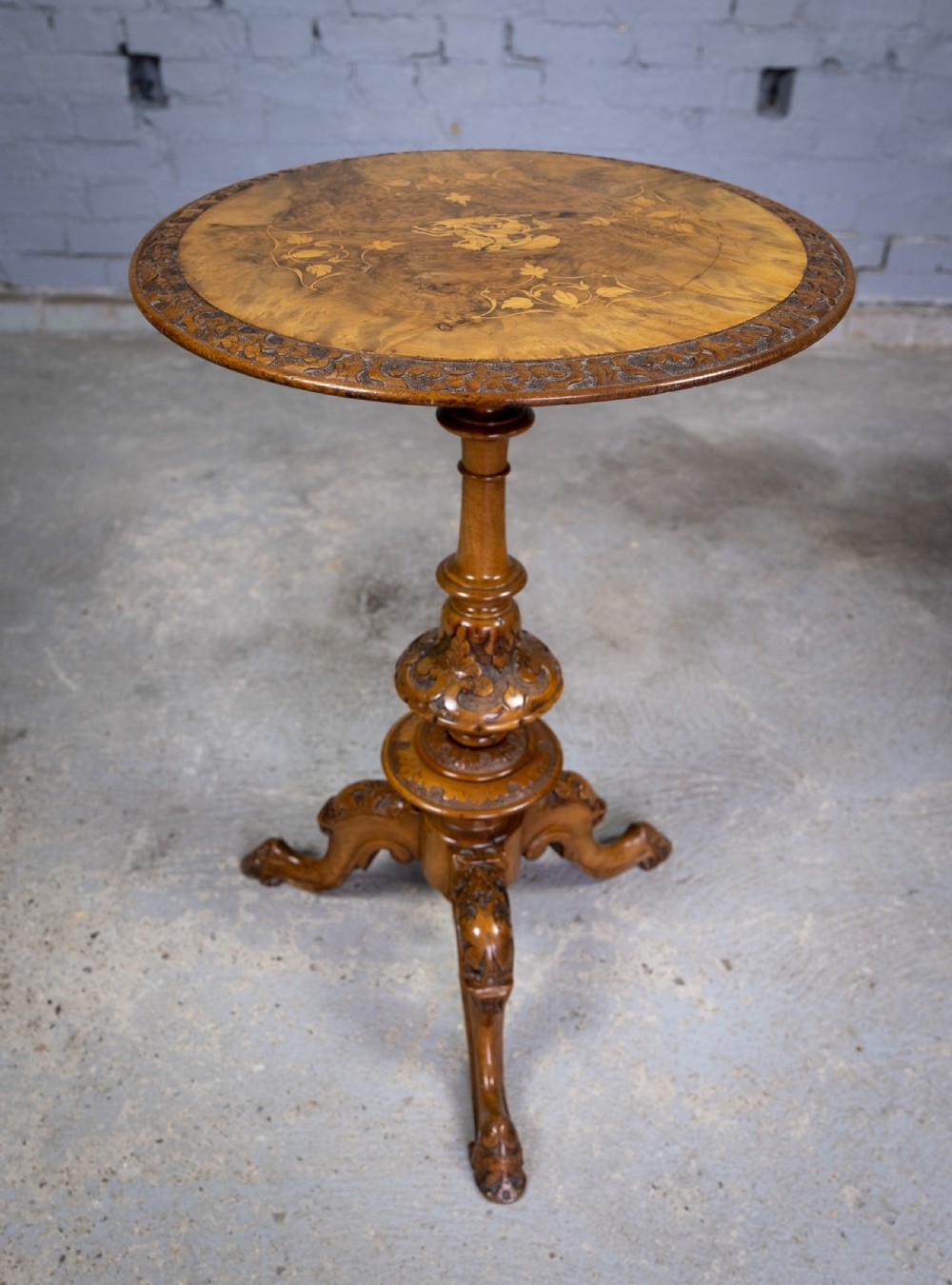 Burr Walnut Marquetry 'George & Dragon' Wine Table, c.1870. View IX