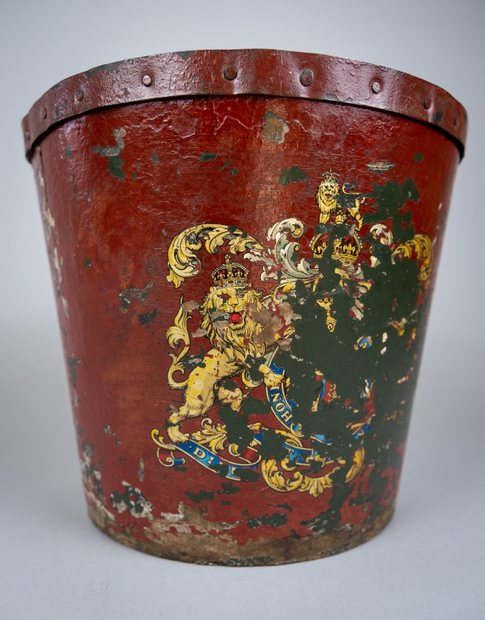 Victorian Papier Mache Royal Arms Fire Bucket. View III