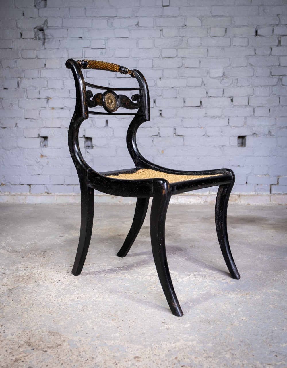 Regency Ebonised, Gilt & Painted Cane Sabre Leg Chair