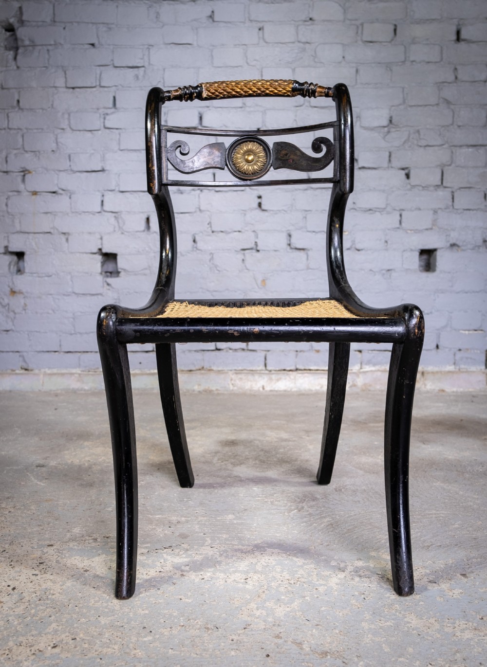 Regency Ebonised, Gilt & Painted Cane Sabre Leg Chair View III